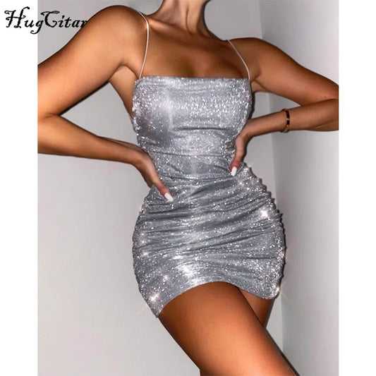 Hugcitar 2021 Sleeveless Sequined Shiny Sexy Mini Dress Summer Women Fashion Streetwear Outfits Party Y2K Club Clothing